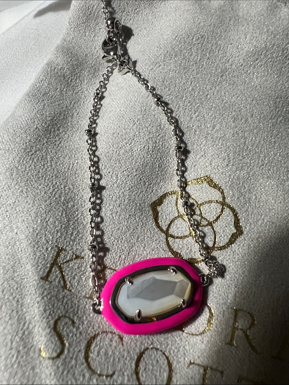 Kendra Scott Elaina Enamel Rhodium Hot Pink Drusy Pendant adjustable Bracelet